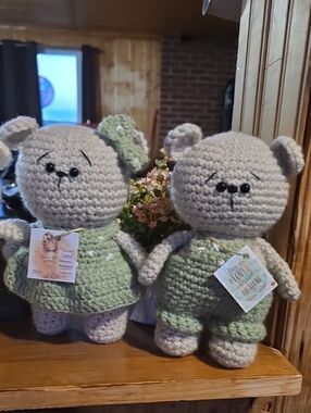 Handmade Crochet Pray Bear Pair in Light Gray and Mint Green In PEI